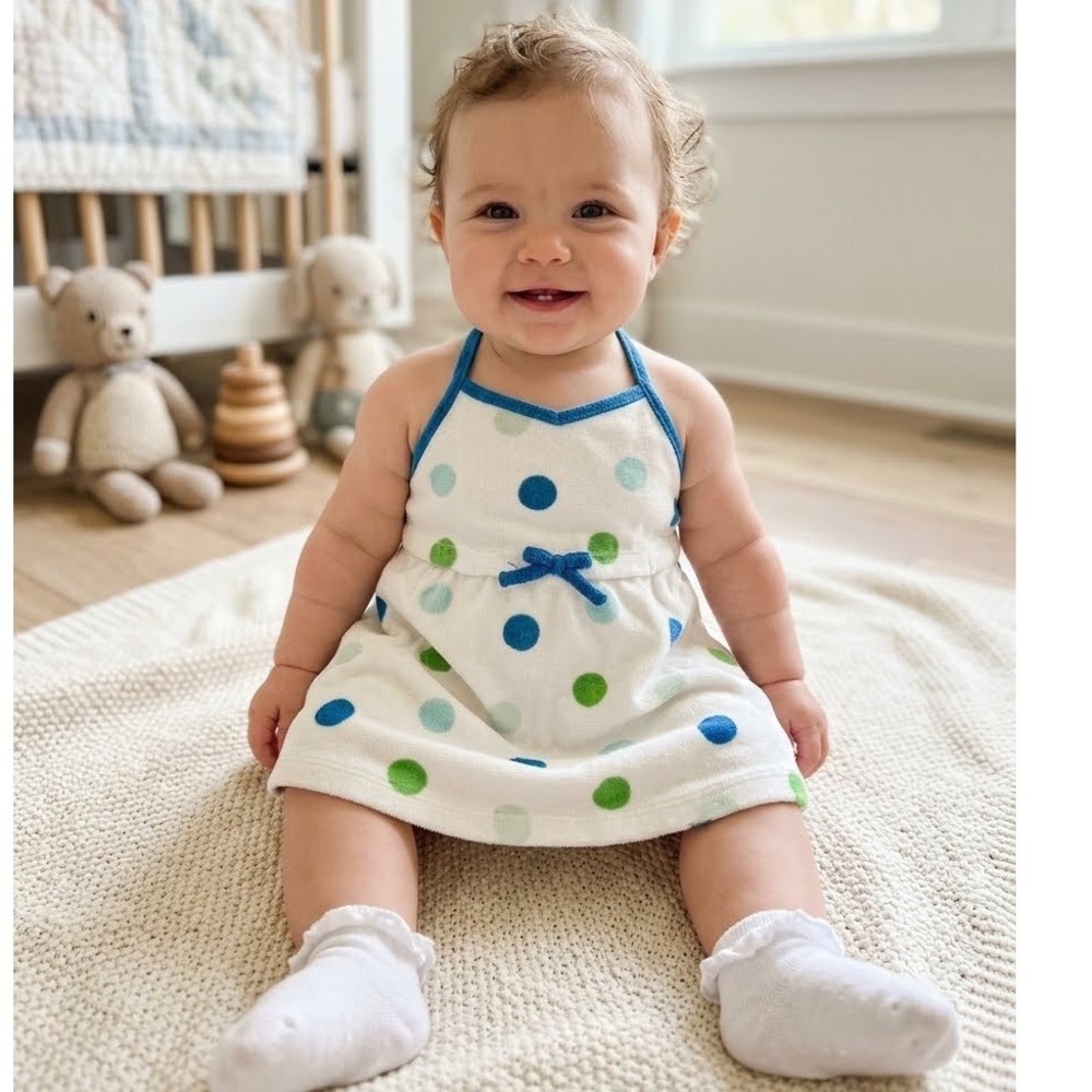 Gymboree Vintage 2004 Polka Dot Terry Cloth Halter Dress Blue Green White‎ 3-6M